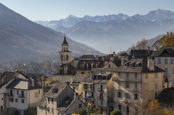 View from Craveggia of the town of Vocogno and the mountains of Val Vigezzo in autumn, Piedmont, Italy.