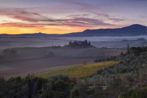 Dawn at the famous Podere Belvedere, symbol of Val d'Orcia, San Quirico d'Orcia, Tuscany, Italy.
