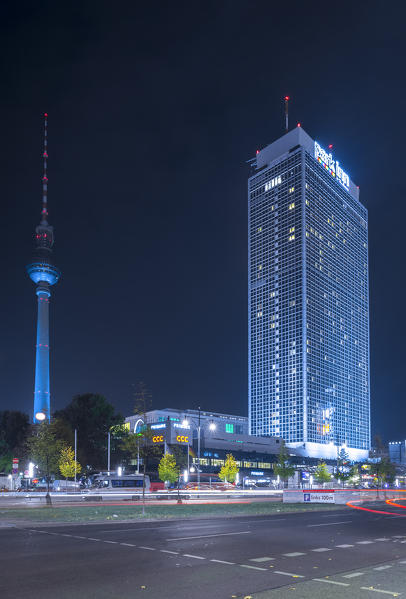 Streets near Fernsehturm and Holiday Inn hotel at Alexanderplatz, Berlin Mitte, Germany.