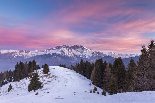 View of the Presolana during a winter sunrise from Monte Pora, Val Seriana, Bergamo district, Lombardy, Italy.