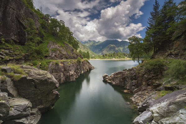 View of Lago di Antrona from the trail around the lake, Valle Antrona, Piedmont, Italy.