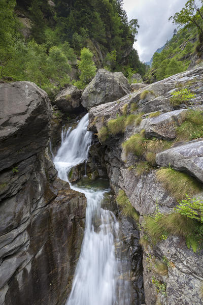 Waterfall of the torrent Troncone from Lake Campliccioli to Lake Antrona, Valle Antrona, Piedmont, Italy.