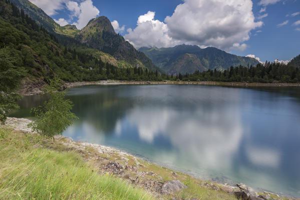 View of Lago di Antrona from the trail around the lake, Valle Antrona, Piedmont, Italy.