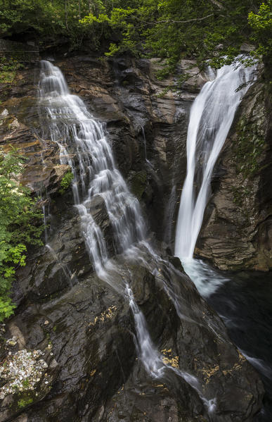 The double waterfall near the Frasco mill, on the river Efra in the town of Frasco, Valle Verzasca, Canton Ticino, Switzerland.