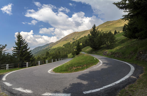 Hairpin bend on the road to Passo del Vivione, Schilpario, Val di Scalve, Bergamo district, Lombardy, Italy.