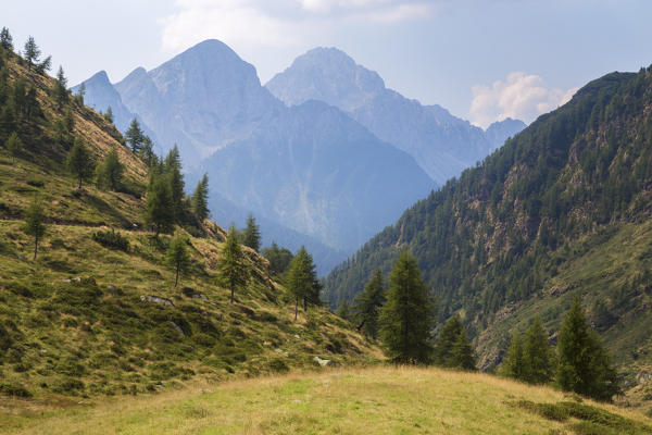 View of the Pizzo Camino from the Passo del Vivione, Schilpario, Val di Scalve, Bergamo district, Lombardy, Italy.