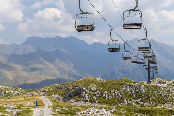 Chair lift over the trail to the north face of the Presolana, Val di Scalve, Bergamo district, Lombardy, Italy, Southern Europe.