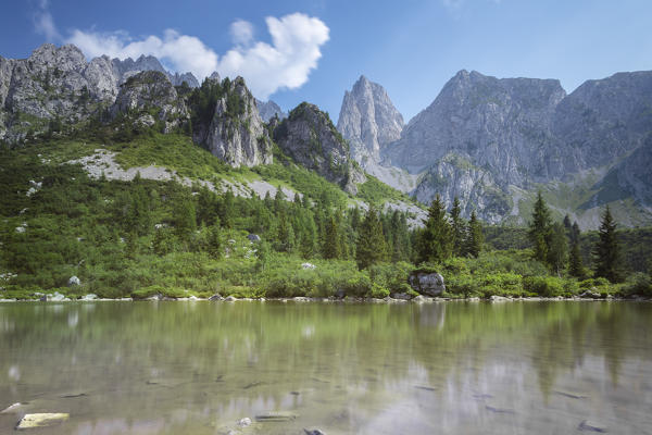 The Cimone della Bagozza reflected on the water of Lago Campelli, Schilpario, Val di Scalve, Bergamo district, Lombardy, Italy, Southern Europe.