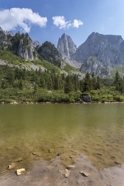 The Cimone della Bagozza reflected on the water of Lago Campelli, Schilpario, Val di Scalve, Bergamo district, Lombardy, Italy, Southern Europe.