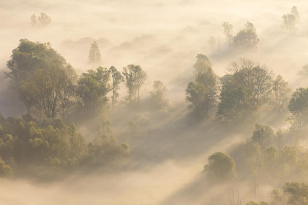 Mist over Adda river seen from Airuno at the Santuario Madonna della Rocchetta, Airuno, Parco dell'Adda Nord, Lecco province, Brianza, Lombardy, Italy.