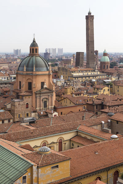 View of the church of San Bartolomeo e Gaetano, the Torre degli Asinelli and Torre della Garisenda from the rooftop of  the San Petronio basilica, Bologna, Emilia Romagna, Italy.