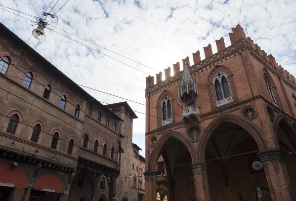 View of the Palazzo della Mercanzia from Piazza della Mercanzia square. Bologna, Emilia Romagna, Italy.