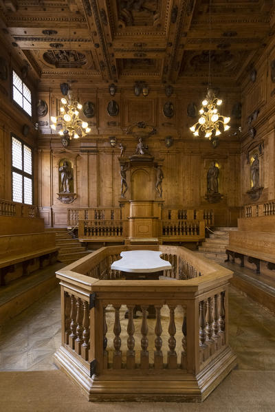 Anatomical Theatre of the Archiginnasio, Bologna university. Bologna, Emilia Romagna, Italy.