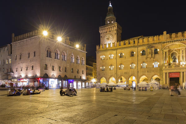 View of the Palazzo dei Notai and Palazzo d'Accursio from Piazza Maggiore square at night. Bologna, Emilia Romagna, Italy.