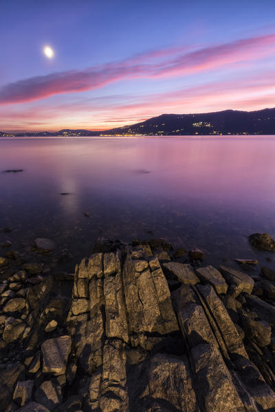 A lonely tree at the Arolo pier during an autumnal sunset, Arolo, Leggiuno, Lake Maggiore, Varese Province, Lombardy, Italy.