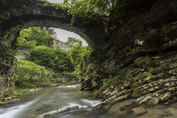 Bridge over the river Breggia at the Bruzella mill, Muggio Valley, Mendrisio District, Canton Ticino, Switzerland.