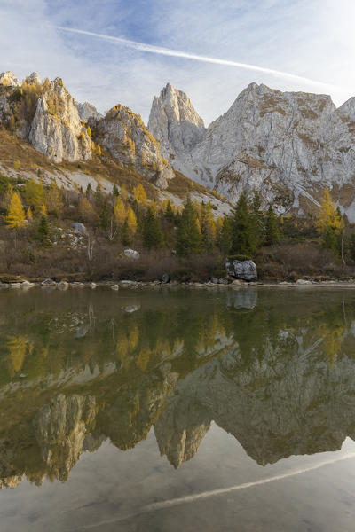 The Cimone della Bagozza and Campelli di Schilpario reflected on the water of Lago Campelli, Schilpario, Val di Scalve, Bergamo district, Lombardy, Italy, Southern Europe.