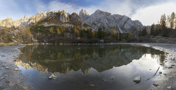 The Cimone della Bagozza and Campelli di Schilpario reflected on the water of Lago Campelli, Schilpario, Val di Scalve, Bergamo district, Lombardy, Italy, Southern Europe.