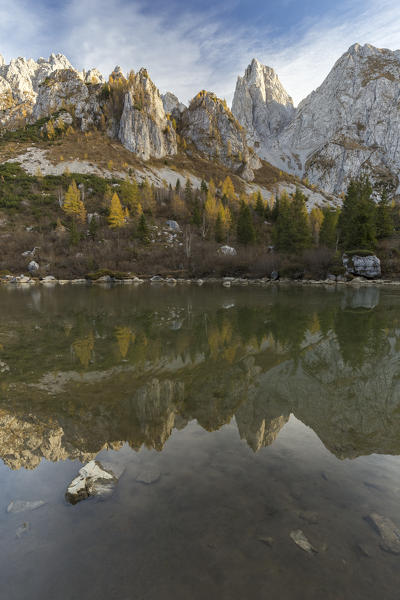 The Cimone della Bagozza and Campelli di Schilpario reflected on the water of Lago Campelli, Schilpario, Val di Scalve, Bergamo district, Lombardy, Italy, Southern Europe.