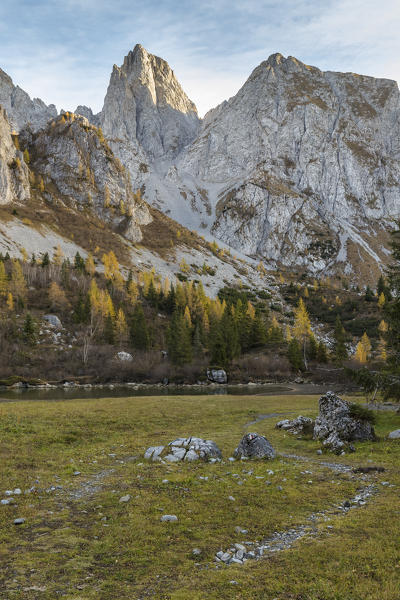 Autumnal view of the Cimone della Bagozza and Campelli di Schilpario, Schilpario, Val di Scalve, Bergamo district, Lombardy, Italy, Southern Europe.