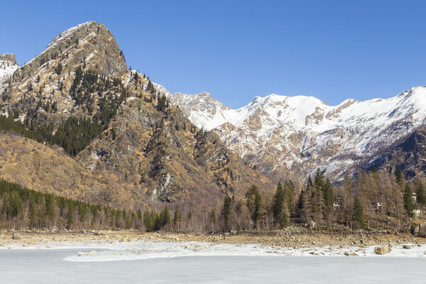 The iced Lago di Antrona in spring, Antrona Valley, Piedmont, Italy.