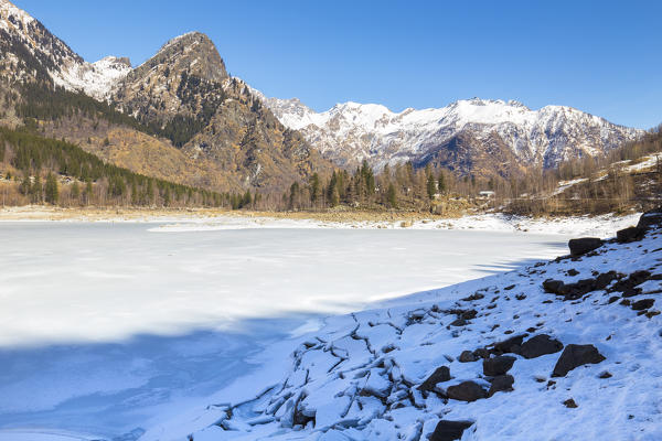 The iced Lago di Antrona in spring, Antrona Valley, Piedmont, Italy.