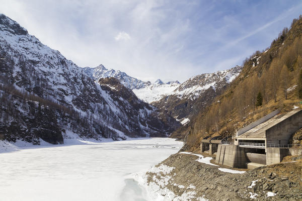 View of Pizzo d'Andolla from the dam of Lago Dei Cavalli. Alpe Cheggio, Antrona Valley, Piedmont, Italy.