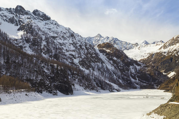 View of Pizzo d'Andolla from the dam of Lago Dei Cavalli. Alpe Cheggio, Antrona Valley, Piedmont, Italy.