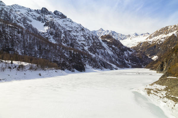 View of Pizzo d'Andolla from the dam of Lago Dei Cavalli. Alpe Cheggio, Antrona Valley, Piedmont, Italy.