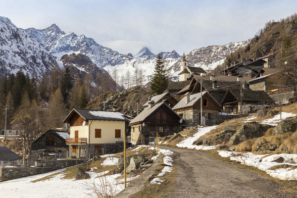 View of Cheggio and Pizzo d'Andolla from Cheggio town. Alpe Cheggio, Antrona Valley, Piedmont, Italy.