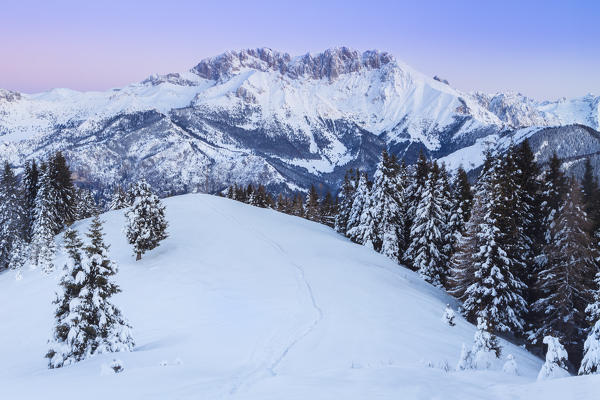 View of the Presolana during a winter sunrise from Monte Pora, Val Seriana, Bergamo district, Lombardy, Italy.