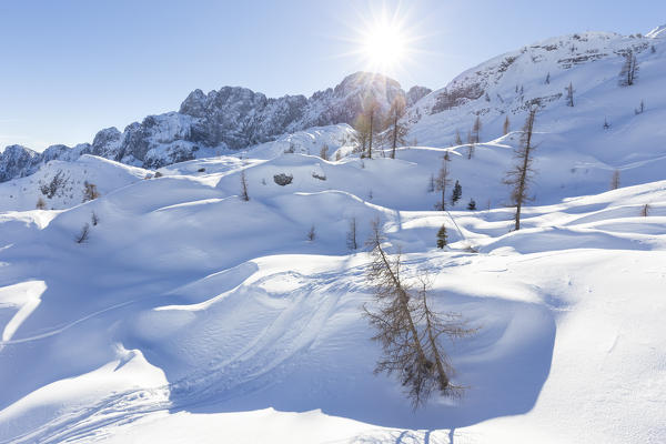 The north face of the Presolana covered in snow in winter, Val di Scalve, Bergamo district, Lombardy, Italy, Southern Europe.
