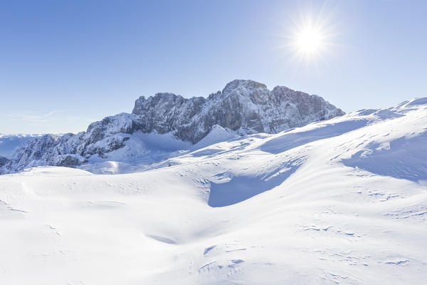 The north face of the Presolana covered in snow in winter, Val di Scalve, Bergamo district, Lombardy, Italy, Southern Europe.