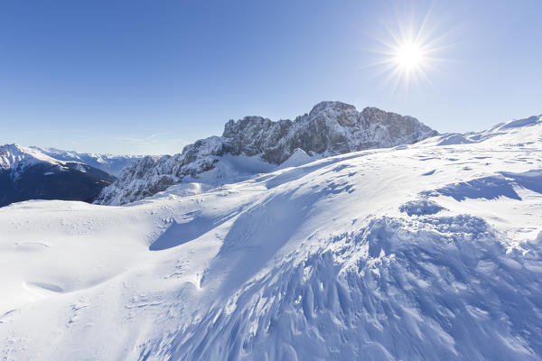 The north face of the Presolana covered in snow in winter, Val di Scalve, Bergamo district, Lombardy, Italy, Southern Europe.
