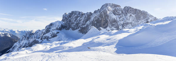 The north face of the Presolana covered in snow in winter, Val di Scalve, Bergamo district, Lombardy, Italy, Southern Europe.