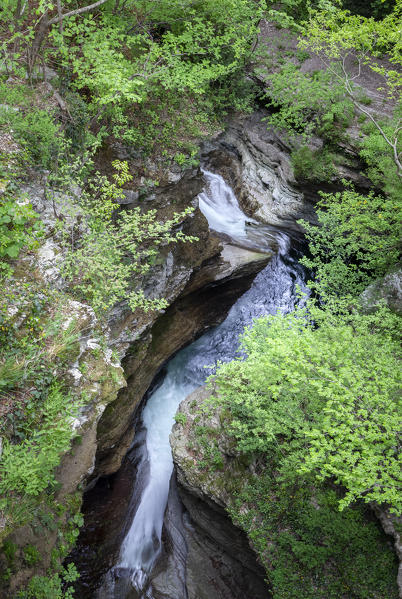 View of the waterfalls in the Breggia gorges, Muggio Valley, Mendrisio District, Canton Ticino, Switzerland.