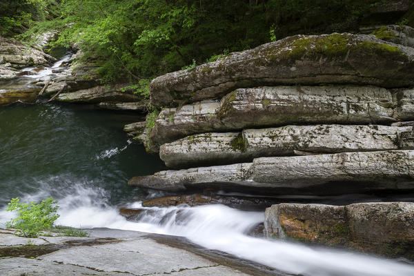 View of the waterfalls in the Breggia gorges, Muggio Valley, Mendrisio District, Canton Ticino, Switzerland.