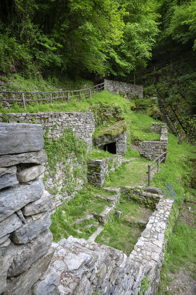 View of the ruins of the old mills of the river Breggia. Breggia gorges, Muggio Valley, Mendrisio District, Canton Ticino, Switzerland.