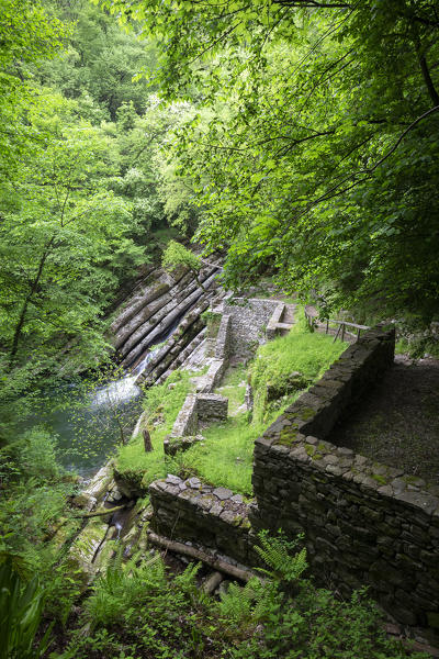 View of the ruins of the old mills of the river Breggia. Breggia gorges, Muggio Valley, Mendrisio District, Canton Ticino, Switzerland.