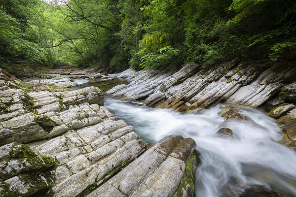 View of the waterfalls in the Breggia gorges, Muggio Valley, Mendrisio District, Canton Ticino, Switzerland.