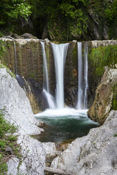 View of a waterfall in the Breggia gorges, Muggio Valley, Mendrisio District, Canton Ticino, Switzerland.