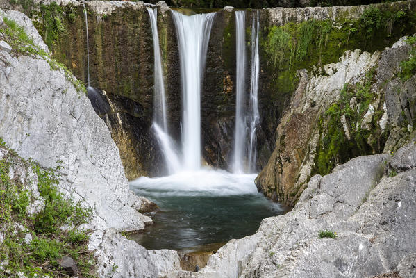 View of a waterfall in the Breggia gorges, Muggio Valley, Mendrisio District, Canton Ticino, Switzerland.