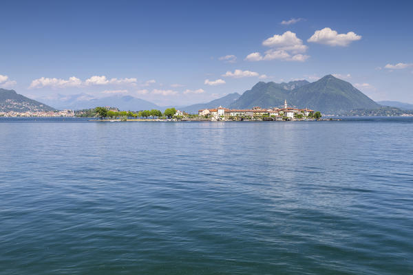 View of the Isola Pescatori from the shore of Baveno in a spring day, Verbano Cusio Ossola, Lago Maggiore, Piedmont, Italy.