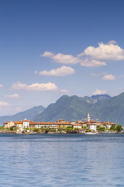 View of the Isola Pescatori from the shore of Baveno in a spring day, Verbano Cusio Ossola, Lago Maggiore, Piedmont, Italy.