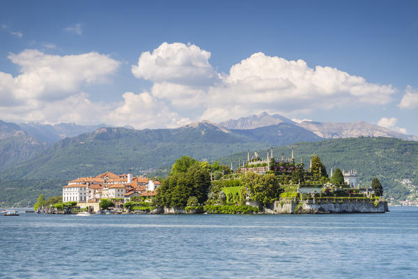 View of the Isola Bella, from the shore of Baveno in a spring day, Verbano Cusio Ossola, Lago Maggiore, Piedmont, Italy.