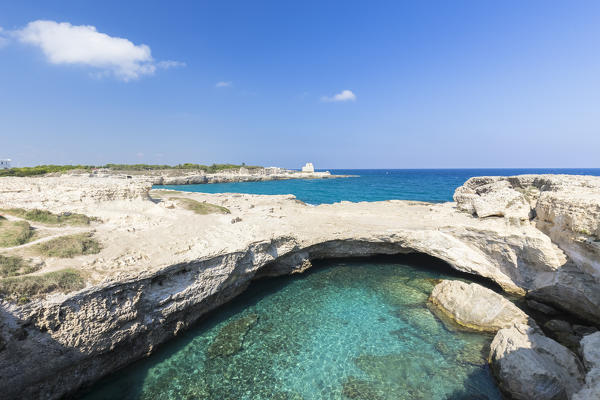 View of the Grotta della Poesia cave in Roca Vecchia, near Torre dell'Orso. Melendugno, province of Lecce, Salento, Apulia, Italy.