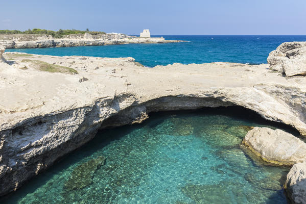 View of the Grotta della Poesia cave in Roca Vecchia, near Torre dell'Orso. Melendugno, province of Lecce, Salento, Apulia, Italy.