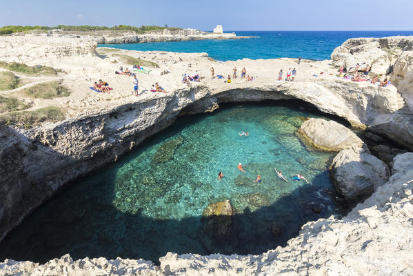 View of the Grotta della Poesia cave in Roca Vecchia, near Torre dell'Orso. Melendugno, province of Lecce, Salento, Apulia, Italy.