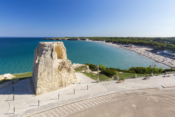The old sighting tower of Torre dell'Orso in front of the homonym beach. Melendugno, province of Lecce, Salento, Apulia, Italy.