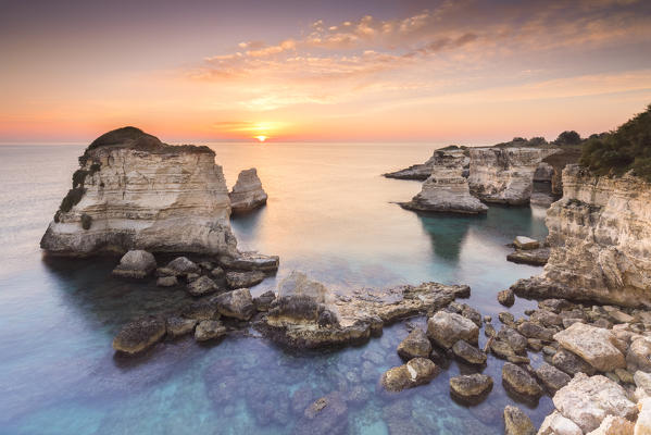 The Faraglioni of Torre Sant'Andrea. Melendugno, province of Lecce, Salento, Apulia, Italy.